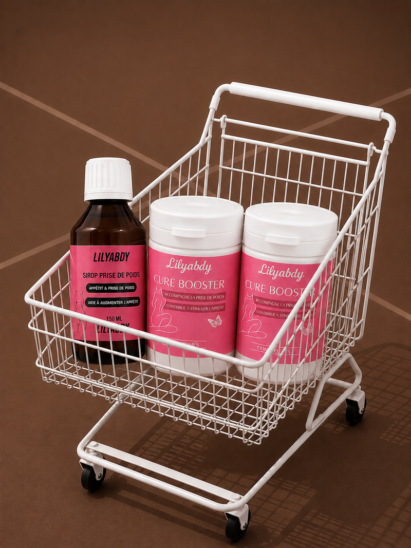 Programme prise de poids Lilyabdy avec deux boîtes de Booster et un sirop pour favoriser l’appétit