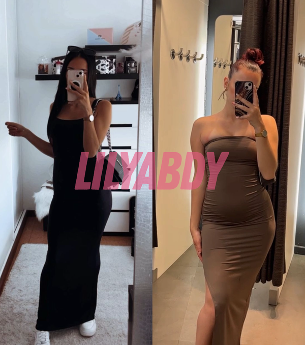 Avant après transformation femme avec prise de formes et silhouette plus développée grâce à la routine Lilyabdy