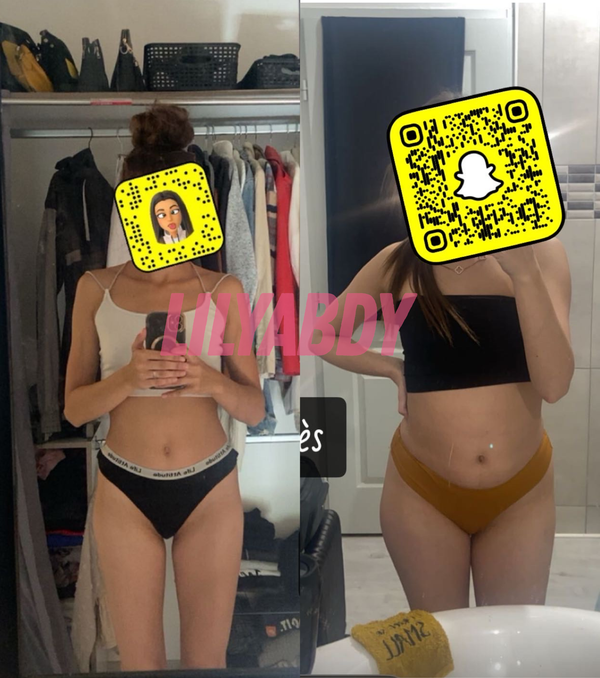 Avant après transformation physique femme avec prise de poids naturelle et développement de la silhouette grâce à Lilyabdy