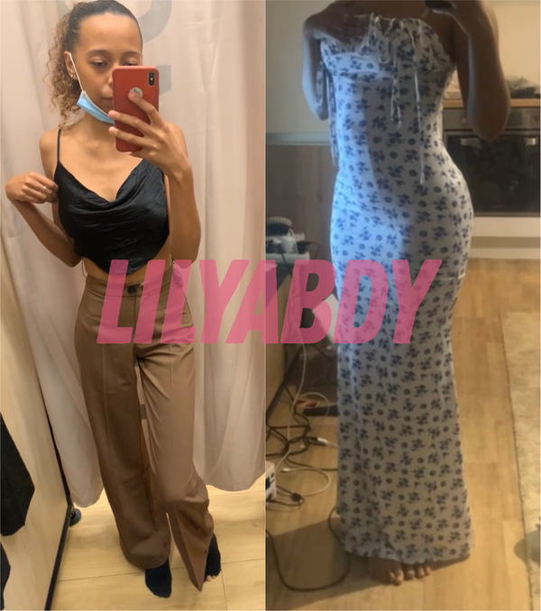 Avant après femme ayant développé sa silhouette et pris du poids naturellement avec Lilyabdy