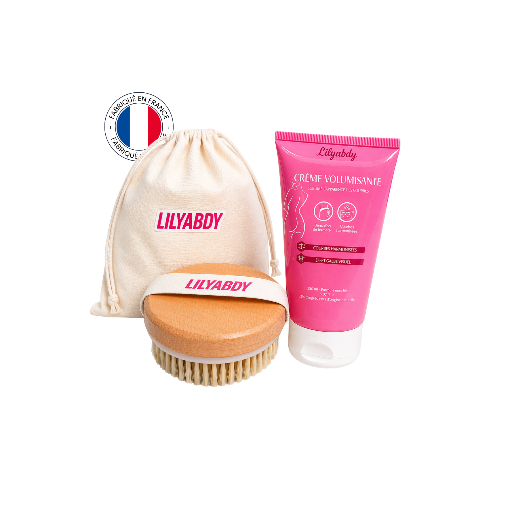 crème volumisante fesses et hanches avec brosse préparatrice pour améliorer le galbe et sublimer les courbes