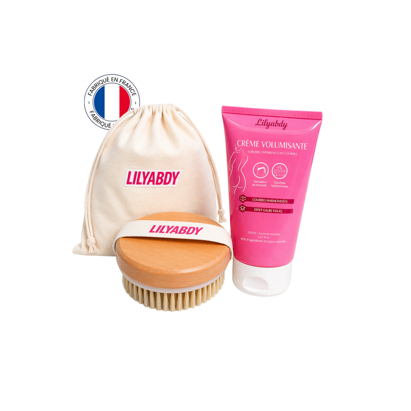crème volumisante fesses et hanches avec brosse préparatrice pour améliorer le galbe et sublimer les courbes
