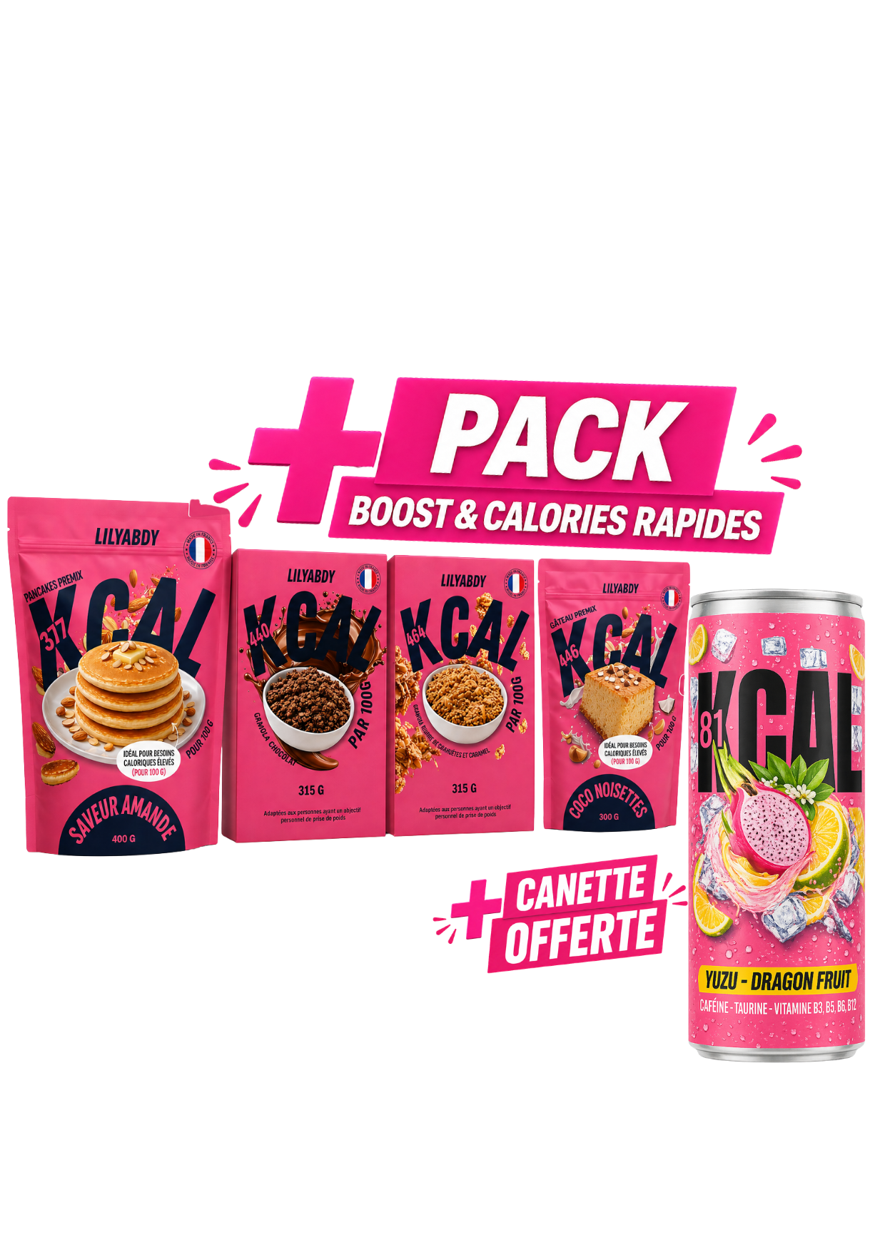 pack hypercalorique complet pour prise de poids avec céréales pancakes gâteau et boisson énergisante