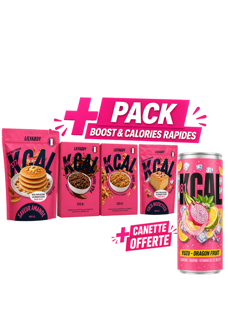 pack hypercalorique complet pour prise de poids avec céréales pancakes gâteau et boisson énergisante