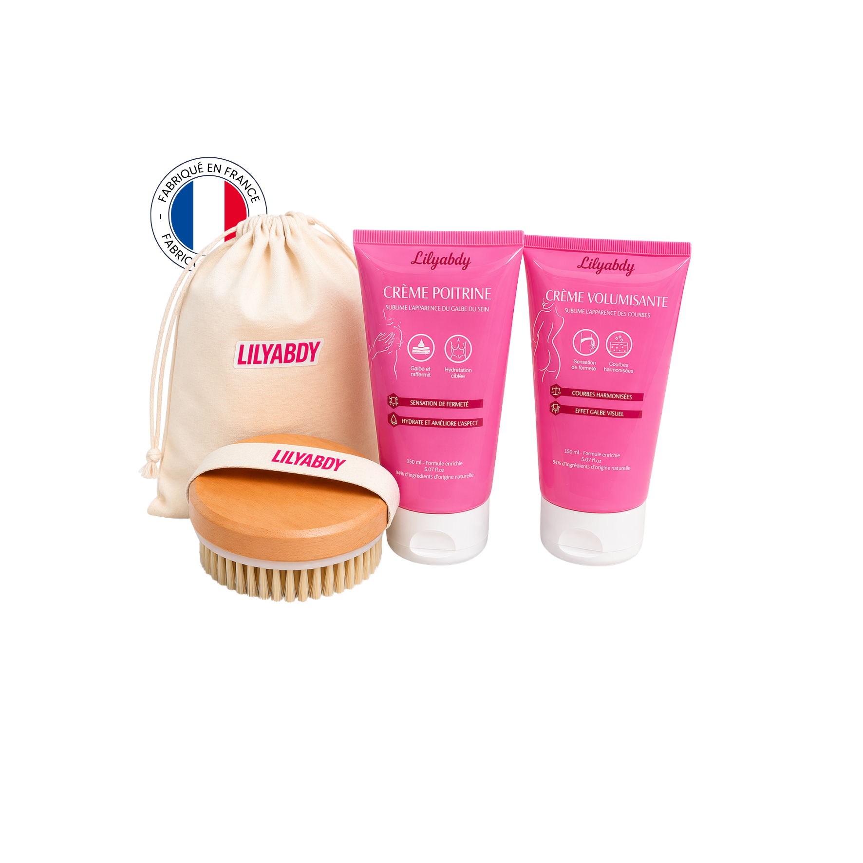 pack volume et galbe poitrine et fesses avec crème volumisante et brosse préparatrice