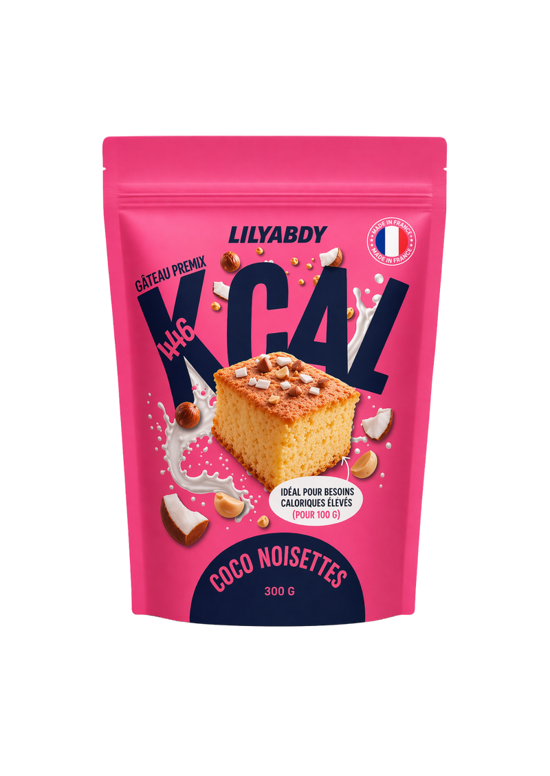 préparation gâteau hypercalorique coco noisette 446 kcal pour prise de poids et apport calorique rapide